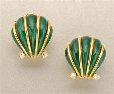 Lot 1377 - Pair of Gold, Green Enamel and Diamond Earclips