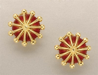 Lot 1378 - Pair of Gold and Red Enamel Earclips