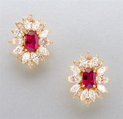 Lot 1406 - Pair of Ruby and Diamond Earclips