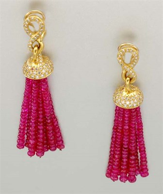 Lot 1408 - Pair of Gold, Diamond and Ruby Bead Fringe Earrings