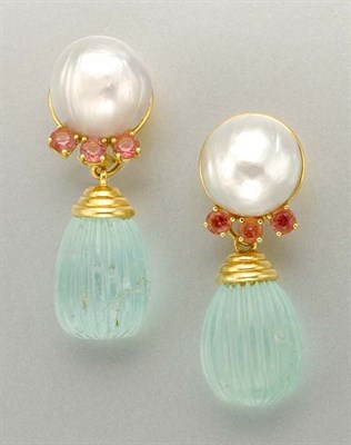 Lot 1413 - Pair of Gold, Three-Quarter Cultured Pearl, Pink Tourmaline and Carved Emerald Pendant Earrings
