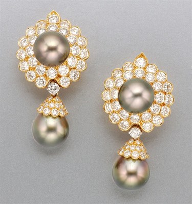 Lot 1410 - Pair of Black Cultured Pearl and Diamond Pendant Earclips
