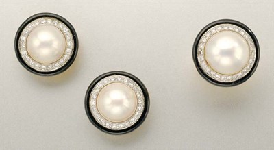 Lot 1283 - Pair of Mabe Pearl, Diamond and Black Enamel  Earclips and Ring