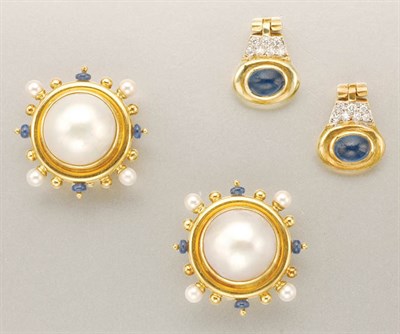 Lot 1284 - Pair of Mabe and Cultured Pearl and Sapphire Bead Earclips and Pair of Cabochon Sapphire and Diamond Earrings