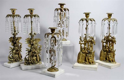 Lot 2324 - Three Pairs of Brass and Glass Girandole...