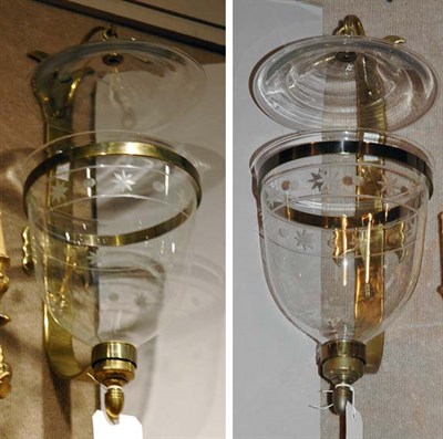Lot 4262 - Pair of Etched Glass and Brass Sconces Height...