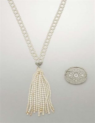 Lot 1469 - Art Deco Seed Pearl and Diamond Sautoir and Diamond Brooch