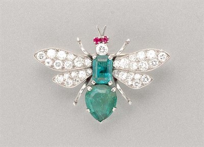 Lot 1466 - Diamond, Emerald and Ruby Insect Brooch