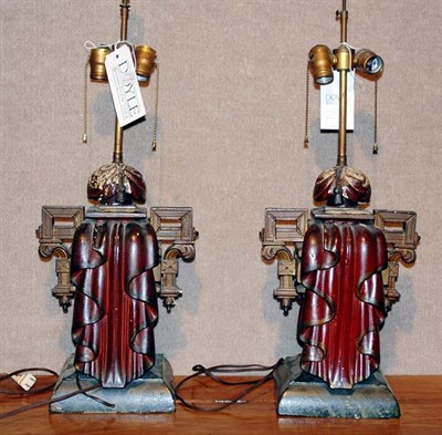 Lot 1155 - Pair of Asian Style Painted Wood Two-Light...