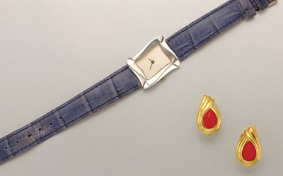 Lot 1309 - Pair of Gold and Coral Earclips and Silver Wristwatch