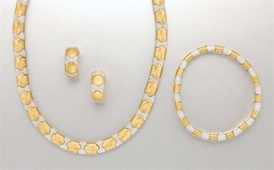 Lot 1440 - Two-Color Gold Necklace, Bracelet and Pair of Earclips