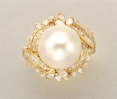 Lot 1307 - Gold, Cultured Pearl and Diamond Ring