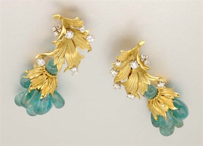 Lot 1438 - Pair of Gold, Emerald and Diamond Pendant-Earrings