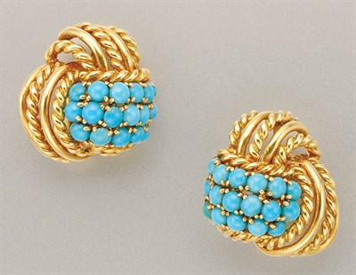 Lot 1312 - Pair of Gold and Turquoise Earclips