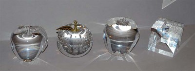 Lot 1215 - Three Glass Apple Paperweights; Together with...