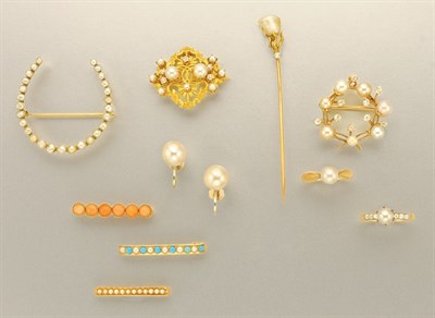 Lot 1303 - Group of Antique Pearl, Coral and Turquoise Jewelry and Pair of Cultured Pearl Earrings