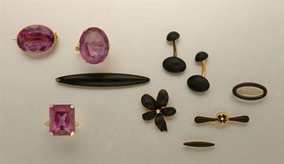 Lot 1304 - Group of Antique Black Enamel Jewelry and Amethyst Jewelry