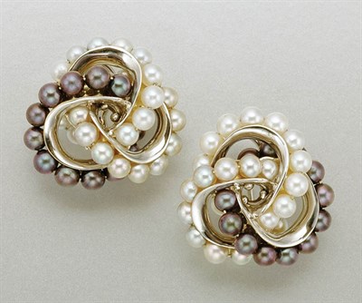 Lot 1387 - Pair of White Gold and Multicolored Cultured Pearl Earclips