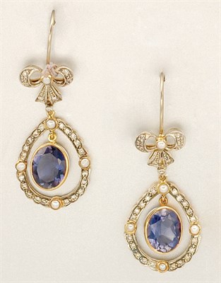 Lot 1321 - Pair of Iolite, Diamond and Split Pearl Pendant Earrings