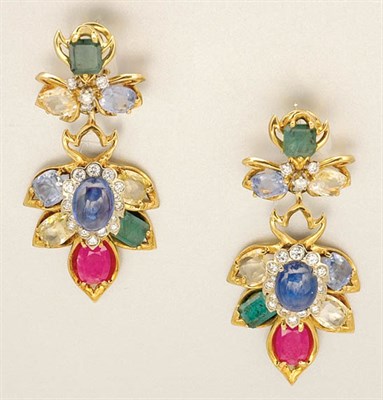 Lot 1322 - Pair of Gold, Gem-Set and Diamond Pendant Earrings