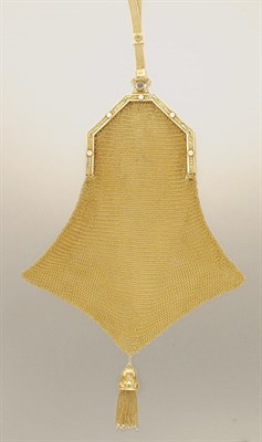 Lot 1327 - Gold, Diamond, Cabochon Sapphire and Seed Pearl Mesh Purse