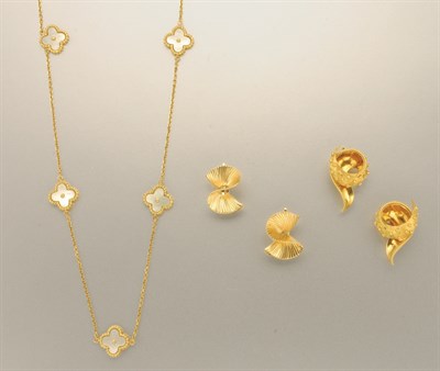 Lot 1328 - Two Pairs of Gold Earclips and Mother-of-Pearl Chain Necklace