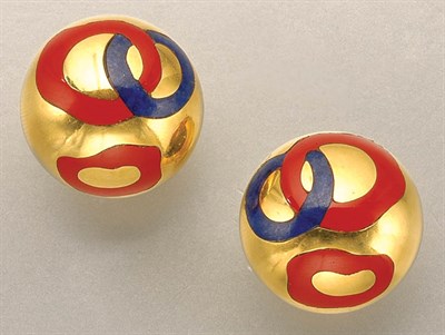 Lot 1348 - Pair of Gold, Coral and Lapis Earclips