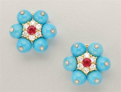 Lot 1353 - Pair of Turquoise, Ruby and Diamond Earclips