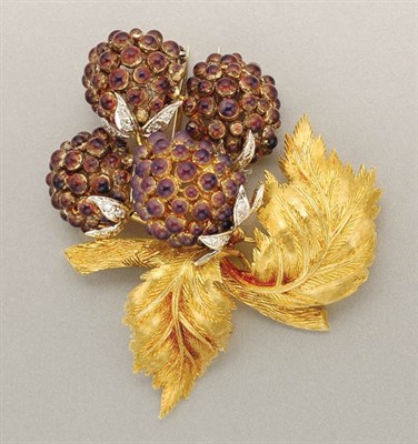 Lot 1352 - Gold, Purple Enamel and Diamond Berry Clip Brooch