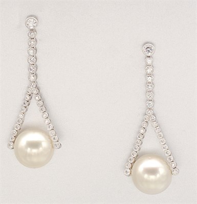 Lot 1357 - Pair of Cultured Pearl and Diamond Pendant Earrings