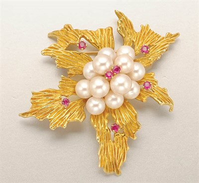 Lot 1333 - Gold, Cultured Pearl and Ruby Brooch