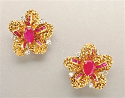 Lot 1335 - Pair of Gold, Ruby and Diamond Earclips