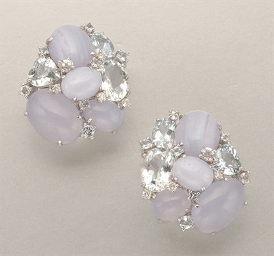 Lot 1342 - Pair of Chalcedony and Aquamarine Earclips