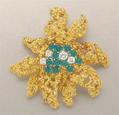 Lot 1346 - Gold, Green Chalcedony and Diamond Clip Brooch