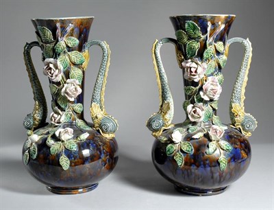 Lot 4452 - Pair of Majolica Vases Applied floral and...
