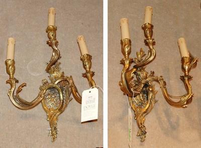 Lot 4121 - Pair of Rococo Style Gilt-Metal Three-Light...