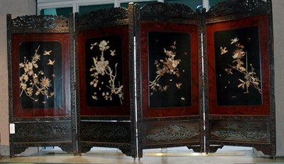 Lot 4123 - Asian Carved Hardwood Four-Panel Screen Floral...