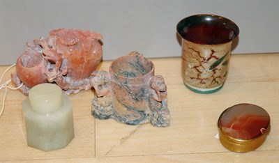 Lot 4219 - Group of Six Asian Hardstone Decorations...