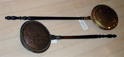 Lot 2195 - Two Brass and Turned Wood Bed Warmers...