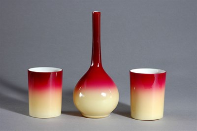 Lot 2175 - Three Hobbs Brockunier Coral Peach Blow Glass...