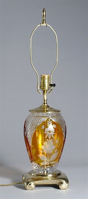 Lot 3483 - Brass Mounted Cut and Etched Glass Lamp Height...