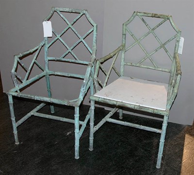 Lot 1155 - Pair of Patinated-Metal Faux Bamboo Armchairs