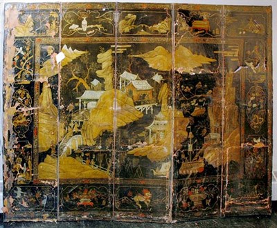 Lot 1089 - Asian Leather Five-Panel Screen Height 6 feet...