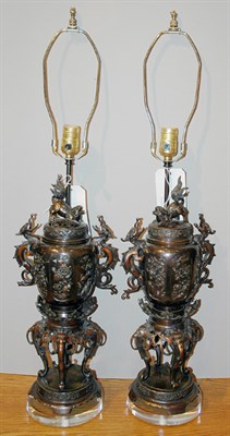 Lot 591 - Pair of Chinese Bronze Censers Each mounted as...