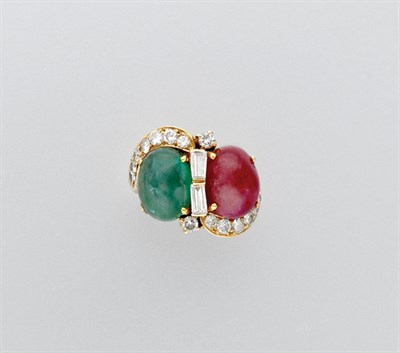 Lot 3248 - Gold, Cabochon Emerald and Ruby and Diamond Ring