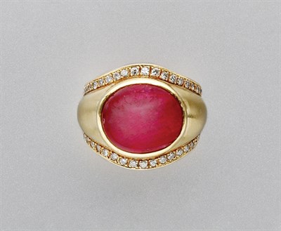 Lot 3249 - Gold, Cabochon Ruby and Diamond Ring