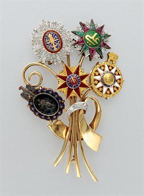 Lot 3252 - Gold, Diamond, Gem-Set and Enamel Medallion Stickpin Brooch