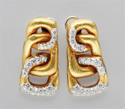 Lot 3256 - Pair of Two-Color Gold and Diamond Earclips