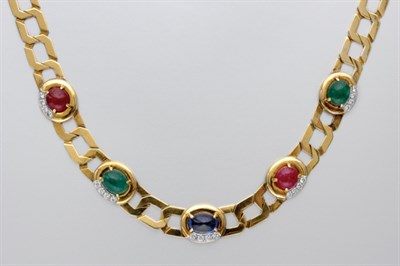 Lot 3257 - Gold, Cabochon Colored Stone and Diamond Chain Necklace