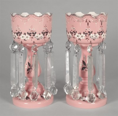 Lot 4323 - Pair of Bohemian Enamel Decorated Pink Lustres...
